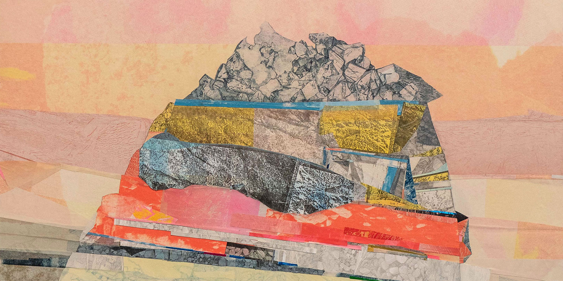 Print with many layered colors and textures that form a boulder in the center of a flat landscape.