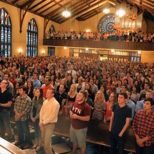 Dimnent Chapel is packed for The Gathering, a weekly worship service.