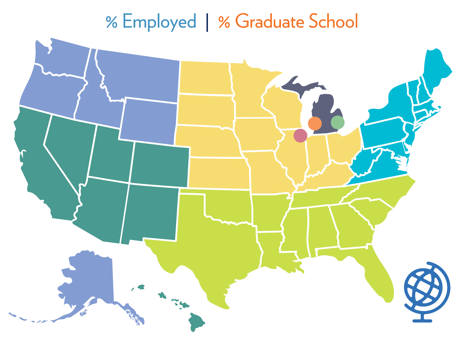 An image of the nation showing percentages by region of graduates who are employed or in grad school